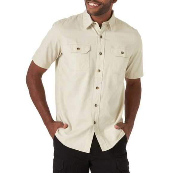Wrangler Mens Sm Med Large Relaxed Short Sleeve Button Shirt Flap Pocket Tan NWT - Picture 1 of 11